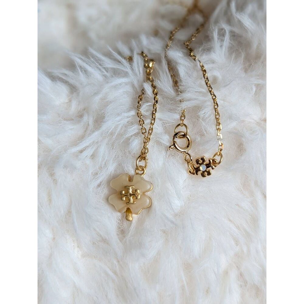 TORY BURCH Ivory Resin Clover Double T Gold Chain Necklace